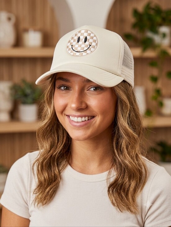 No Brand Accessories - Smiley Face Embroidered Foam Adjustable Trucker Hat New Cream Tan Unisex